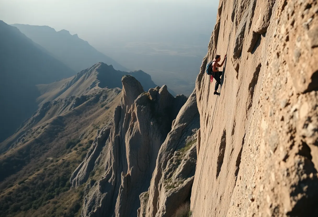 This engaging photograph captures a passionate rock climber in mid-ascent on a steep cliff. Bathed in soft morning light, the textures of the rock are beautifully highlighted, creating an awe-inspiring backdrop to the climber's endeavor. The shallow depth of field effectively isolates the climber against a soft, blurred landscape, emphasizing the challenge and thrill of the ascent. The natural, muted colors reflect the beauty of the rocky terrain while invoking a sense of adventure.