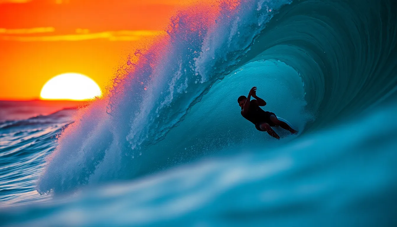 A breathtaking image of a surfer expertly riding a towering wave during a stunning sunset. The warm orange and pink hues of the sky blend beautifully with the teal blue of the ocean, creating a captivating color contrast. The shallow depth of field highlights the determination on the surfer's face as they navigate the roaring wave. The composition employs the rule of thirds, with the dynamic curve of the wave adding movement to the scene.
