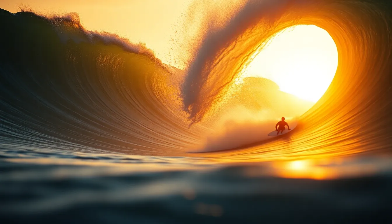 This mesmerizing photograph captures a surfer skillfully riding a massive wave as the sun sets in the background. The warm hues of the sunset reflect beautifully on the water, creating a captivating golden glow around the surfer. With the surfer positioned to the right, the composition effectively highlights the dynamic curl of the wave, while the hyperfocal depth ensures sharp details throughout. This image embodies the thrilling connection between nature and extreme sports.