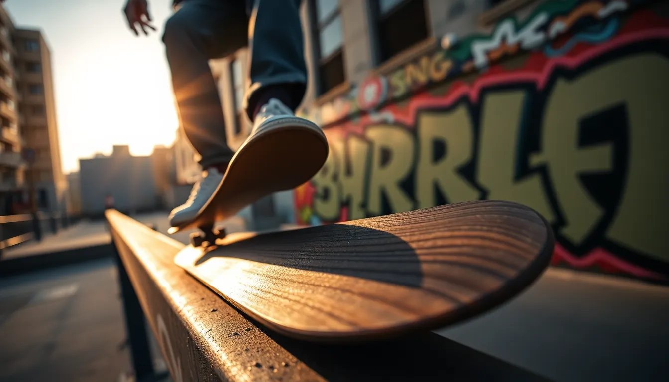 A captivating close-up shot of a skateboarder expertly grinding on a metal rail, set against a backdrop of vibrant street art. The late afternoon light enhances the textures of the skateboard and urban environment, creating a dynamic contrast. The shallow depth of field draws the viewer's attention to the skateboarder, while the blurred background hints at the lively city life. This image beautifully captures the essence of extreme sports within an urban landscape.