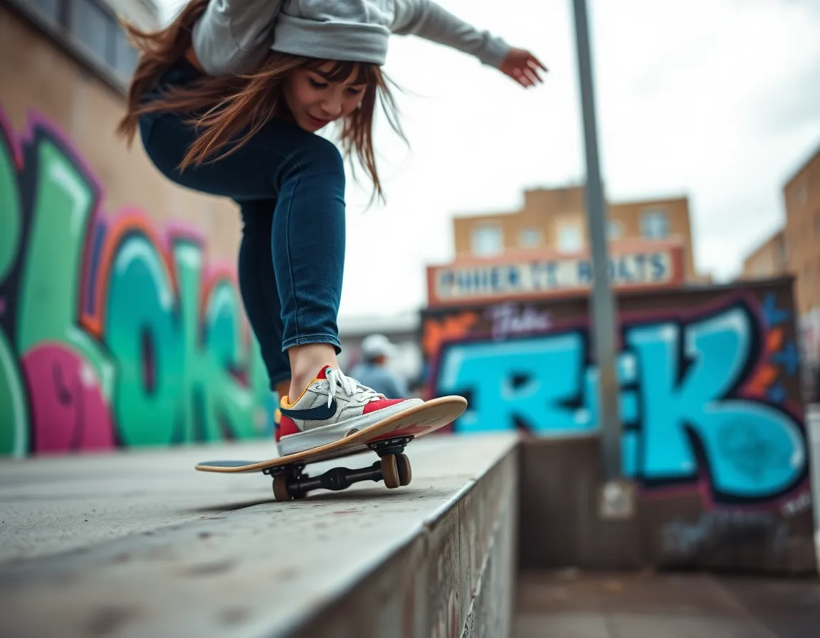 This striking photograph features a young woman performing a skateboarding trick on a vibrant street ledge. The overcast lighting creates a soft, evenly lit atmosphere, allowing the details of her focused expression and the colorful graffiti background to shine through. The shallow depth of field captures the essence of her motion, while the muted tones of the surroundings emphasize the urban environment. This image embodies the energy and creativity of street sports.