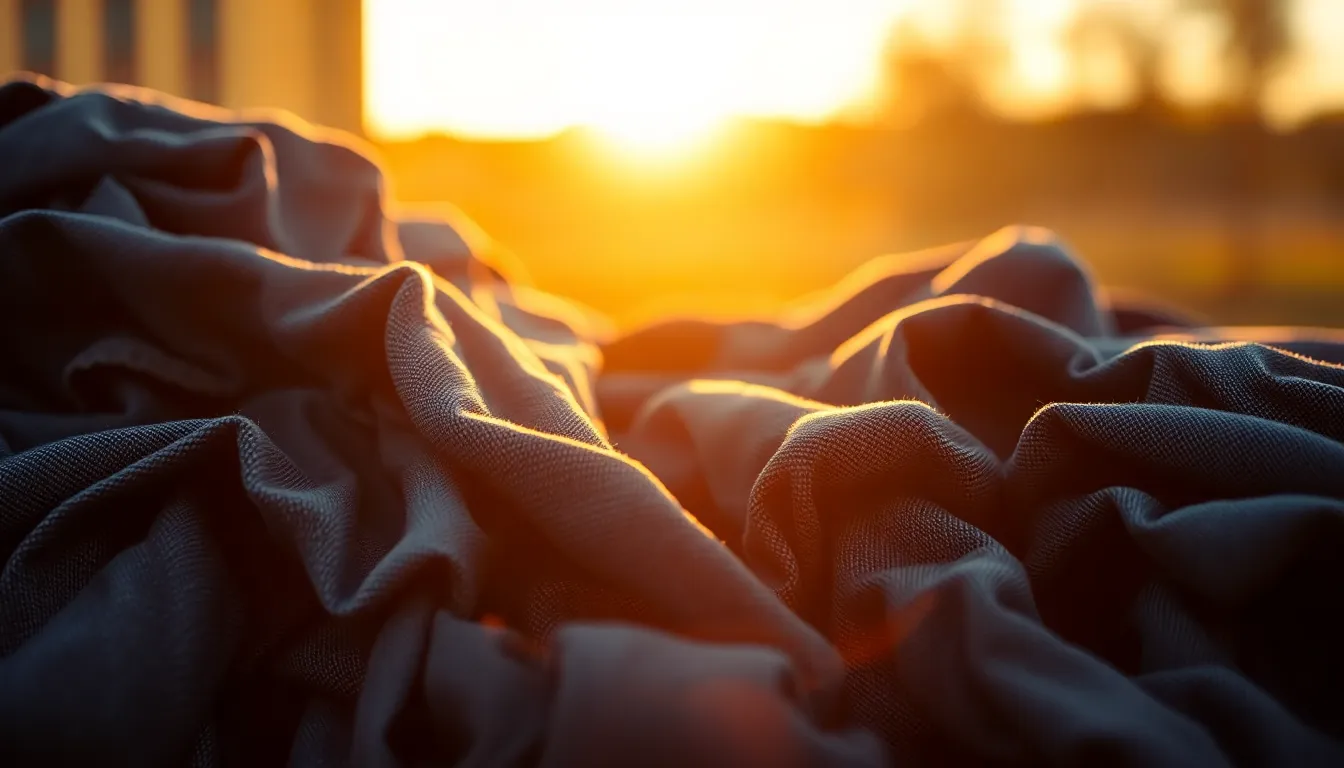 Crumpled Denim Fabric at Golden Hour A captivating image of crumpled denim fabric, beautifully lit by the warm glow of golden hour. The textured surface reveals the unique characteristics of the denim, from its fibers to its aged look. The shallow depth of field blurs the background while emphasizing the fabric's rugged appeal. This photograph is perfect for lifestyle and fashion projects, showcasing the timeless allure of denim.