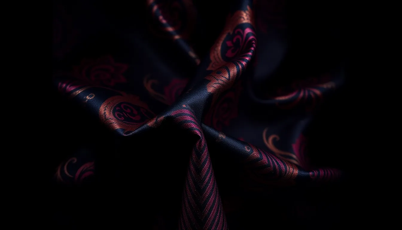 Richly Patterned Silk Fabric This striking image features a richly patterned silk fabric displayed against a stark black background, illuminated by a three-point studio lighting setup. The Rembrandt lighting highlights the fabric's sparkling sheen and intricate textures, while a selective focus pulls attention to the vibrant jewel tones. The centered composition emphasizes the fabric's luxuriousness, inviting viewers to explore the depth and richness of its design. This is a perfect representation of high-end textile photography.