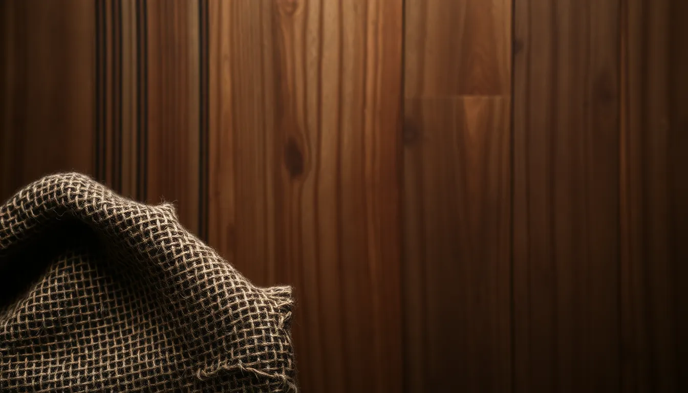 Rugged Burlap Texture on Wood This striking image showcases a piece of rugged burlap fabric set against a polished wood background, captured in dramatic studio lighting. The hyper-realistic texture of the burlap contrasts beautifully with the smooth surface of the wood, highlighting its earth tones. Ideal for rustic-themed designs, this capture evokes a sense of warmth and authenticity.