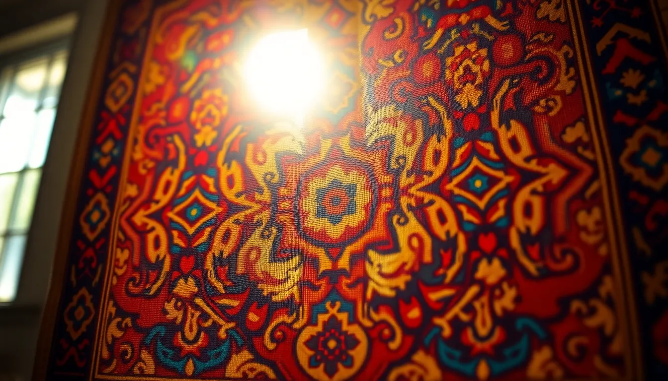 Vibrant Tapestry with Intricate Patterns This image captures a stunning tapestry illuminated by soft daylight, displaying a rich blend of reds, blues, and yellows. The intricate design and texture of the fabric draw the eye, while the shallow depth of field adds a sense of intimacy. The symmetrical composition accentuates the beauty and craftsmanship of the piece, evoking warmth and a homey feel. Perfect for showcasing textile artistry or vibrant decor.