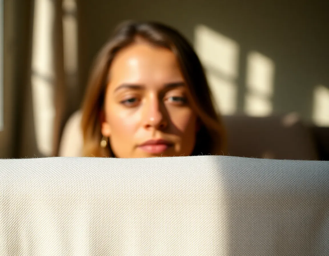 Textured Linen Fabric with Soft Pattern This image captures the inviting texture of a linen fabric with a subtle pattern, drawing the viewer's eye through leading lines. The warm Kodak Portra 400 color palette creates a cozy atmosphere, while the macro perspective highlights the fabric's intricate weave. Soft natural light enhances the tactile quality, making it suitable for fashion or home decor contexts.