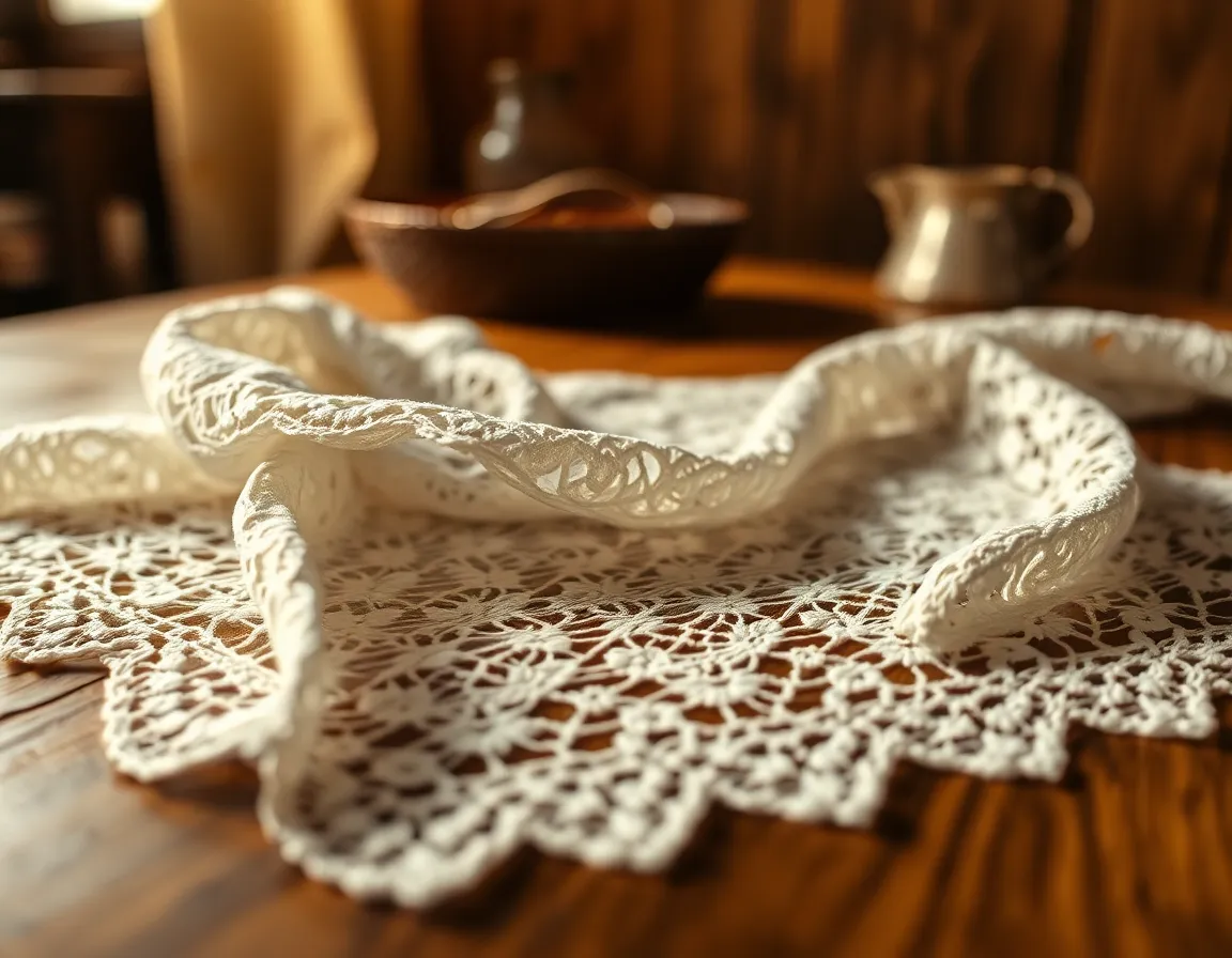 Delicate Lace Fabric on Rustic Table This serene image captures delicate lace fabric resting on a rustic wooden table, illuminated by warm tungsten light. The intricate details of the lace are brought to life through a shallow depth of field, while the soft focus background creates a dreamy atmosphere. The combination of textures and warm tones evokes a sense of nostalgia and elegance, making it perfect for fashion or wedding-related visuals.