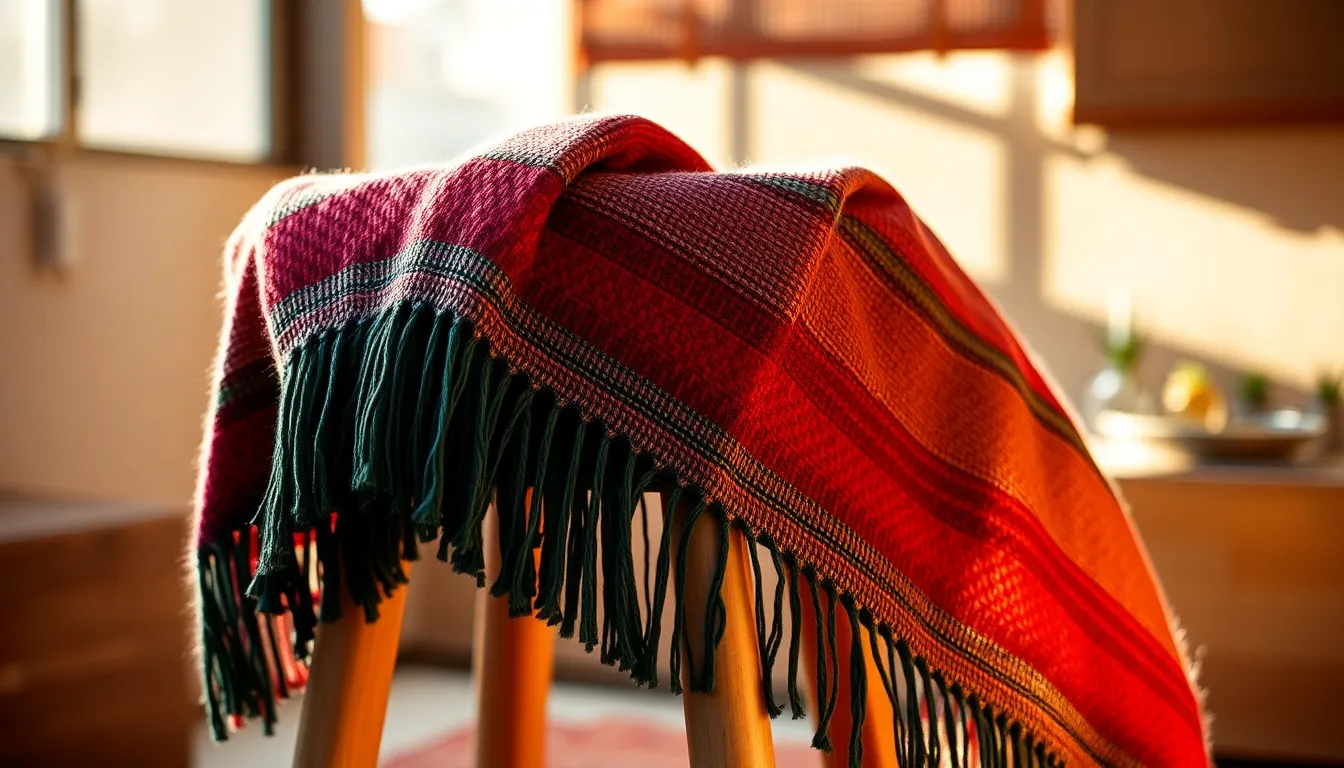 Artisanal Woven Fabric on Wooden Stool