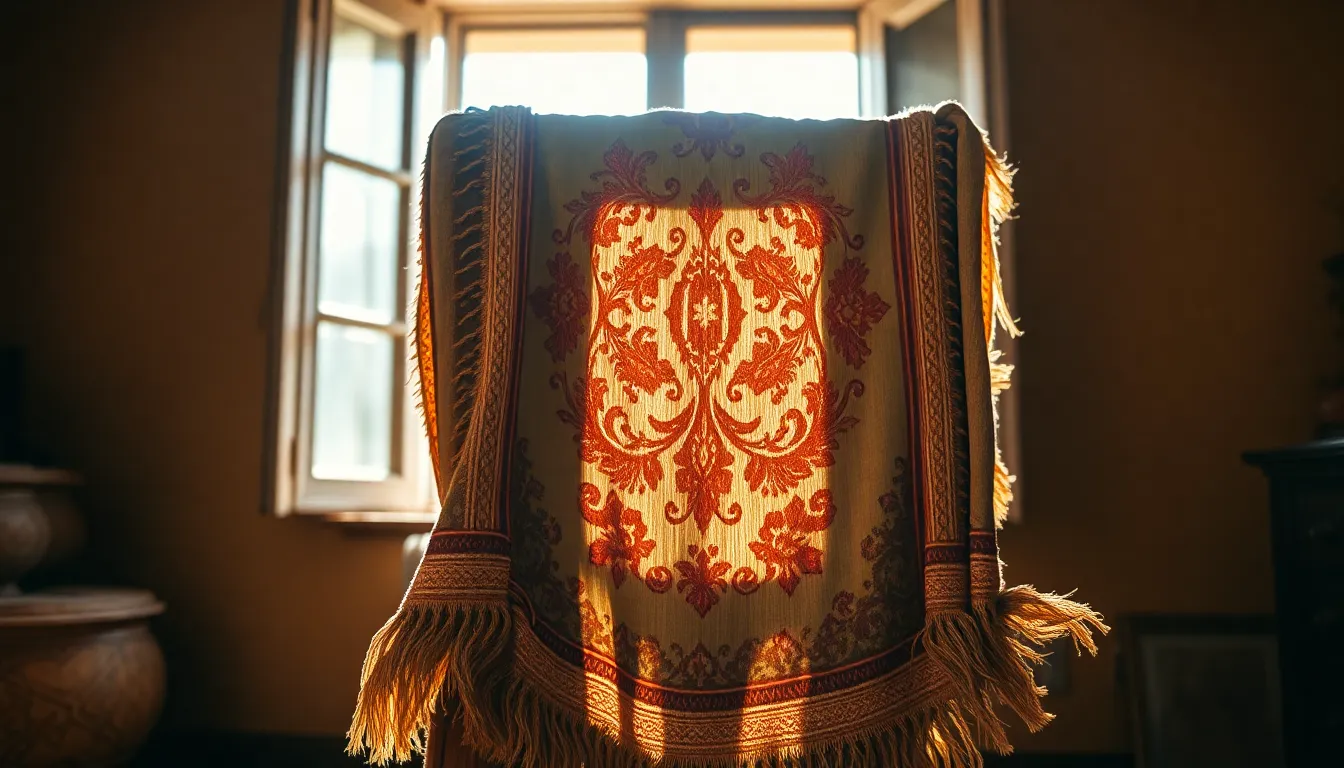 Woven Tapestry on Antique Chair This image captures a beautifully woven tapestry draped over an antique chair, bathed in warm sunlight streaming through a window. The warm, earthy tones of rust and clay contrast with the rich wood grain of the chair, creating a harmonious and inviting atmosphere. The soft bokeh in the background adds depth, allowing the texture and intricate patterns of the fabric to take center stage. This composition highlights the elegance of vintage textiles and handcrafted craftsmanship.