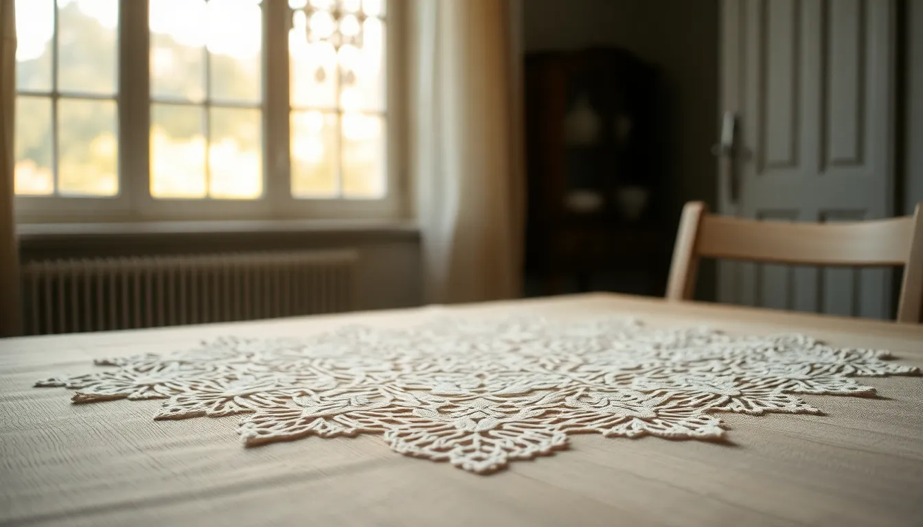 Intricate Lace Tablecloth on Wooden Surface