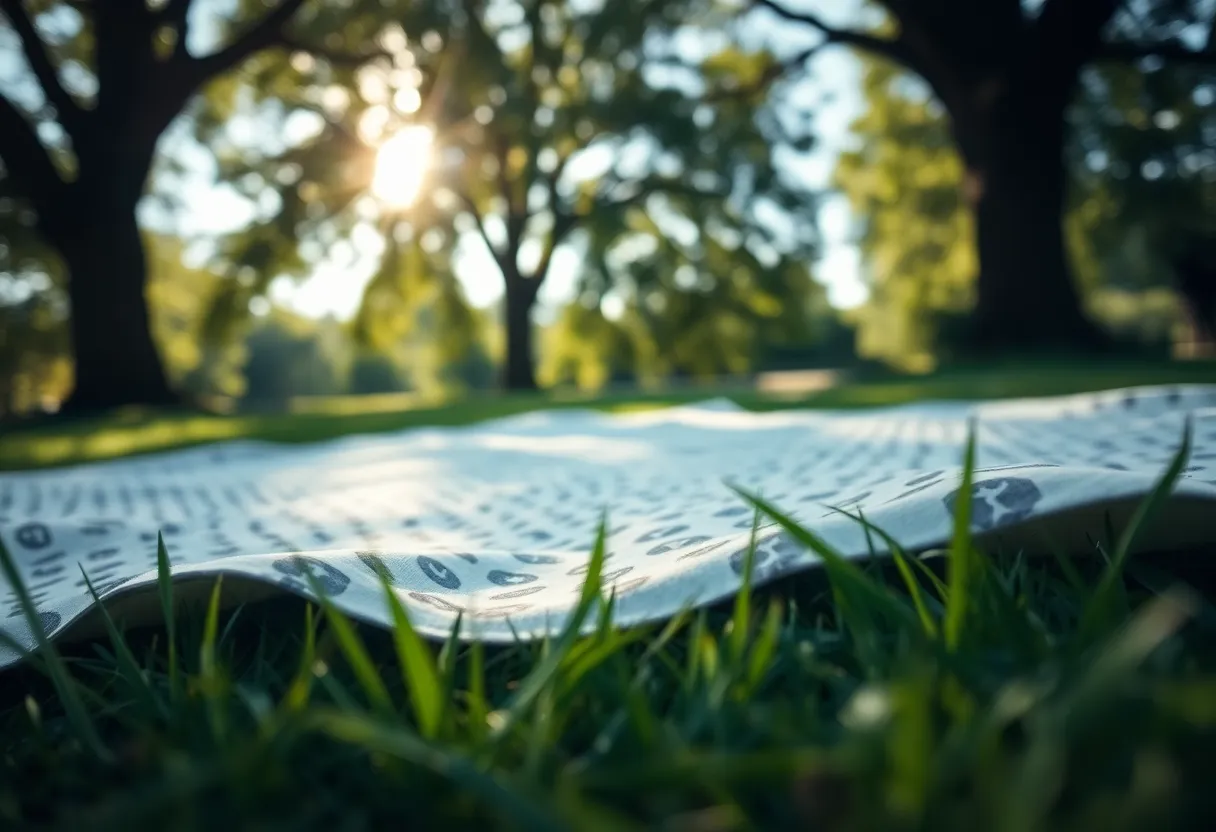 Patterned Cotton Fabric Spread on Grass This whimsical image captures a beautifully patterned cotton fabric spread out on lush green grass, illuminated by dappled sunlight filtering through the tree canopy. The selective focus highlights the intricate patterns of the fabric, while soft bokeh enhances the dreamy quality of the scene. Leading lines created by the edges of the fabric draw the viewer's eye into the composition, inviting feelings of relaxation and outdoor leisure. This image is perfect for lifestyle or textile marketing.