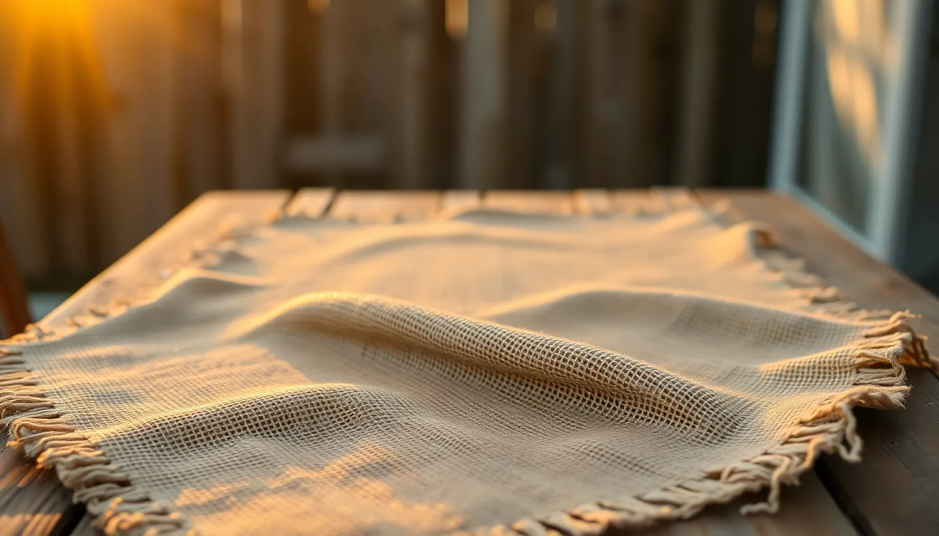Textured Burlap Fabric on Rustic Table This stunning photograph features a textured burlap fabric gently spread on a rustic wooden table, illuminated by the warm backlighting of the golden hour. The warm earth tones enhance the natural feel of the scene, while the shallow depth of field draws attention to the fabric's coarse texture. This image is perfect for showcasing agricultural or handmade products.