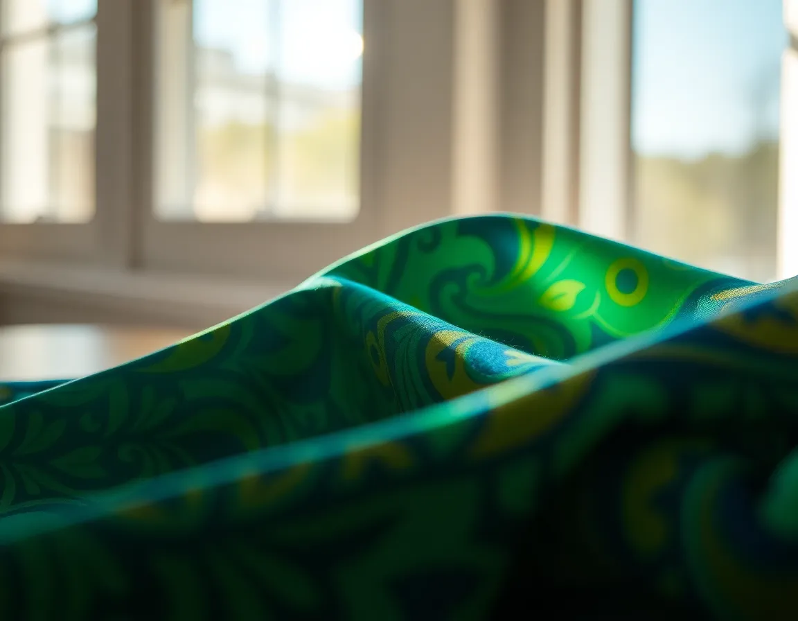 Luxurious Patterned Silk Fabric This image beautifully presents a folded piece of silk fabric, radiating with vibrant jewel tones in emerald green and sapphire blue. Soft afternoon light enhances the luxurious quality of the material, while selective focus draws attention to the intricate patterns. The use of leading lines from the folds creates a dynamic composition that invites the viewer to explore the details. Ideal for fashion or textile industry promotions.