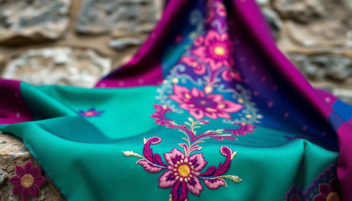 Vibrant Embroidered Silk Fabric Against Stone
