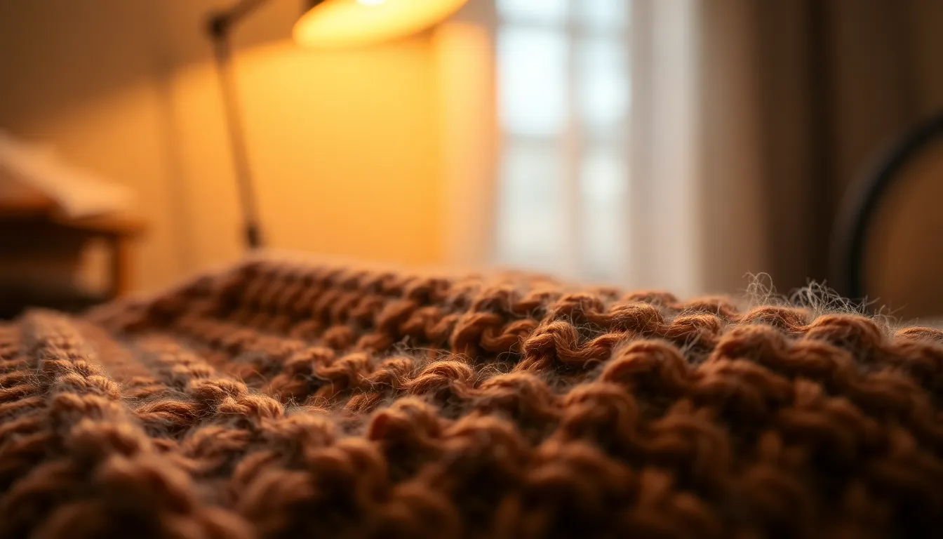 Cozy Knit Wool Blanket Details An intimate close-up of a knit wool blanket, illuminated by warm tungsten light that creates a cozy ambiance. The image reveals the tactile beauty of the fabric, focusing on its intricate fiber details and rich earthy tones. This macro shot invites viewers to appreciate the warmth and comfort associated with soft textiles, making it suitable for home decor and lifestyle content.