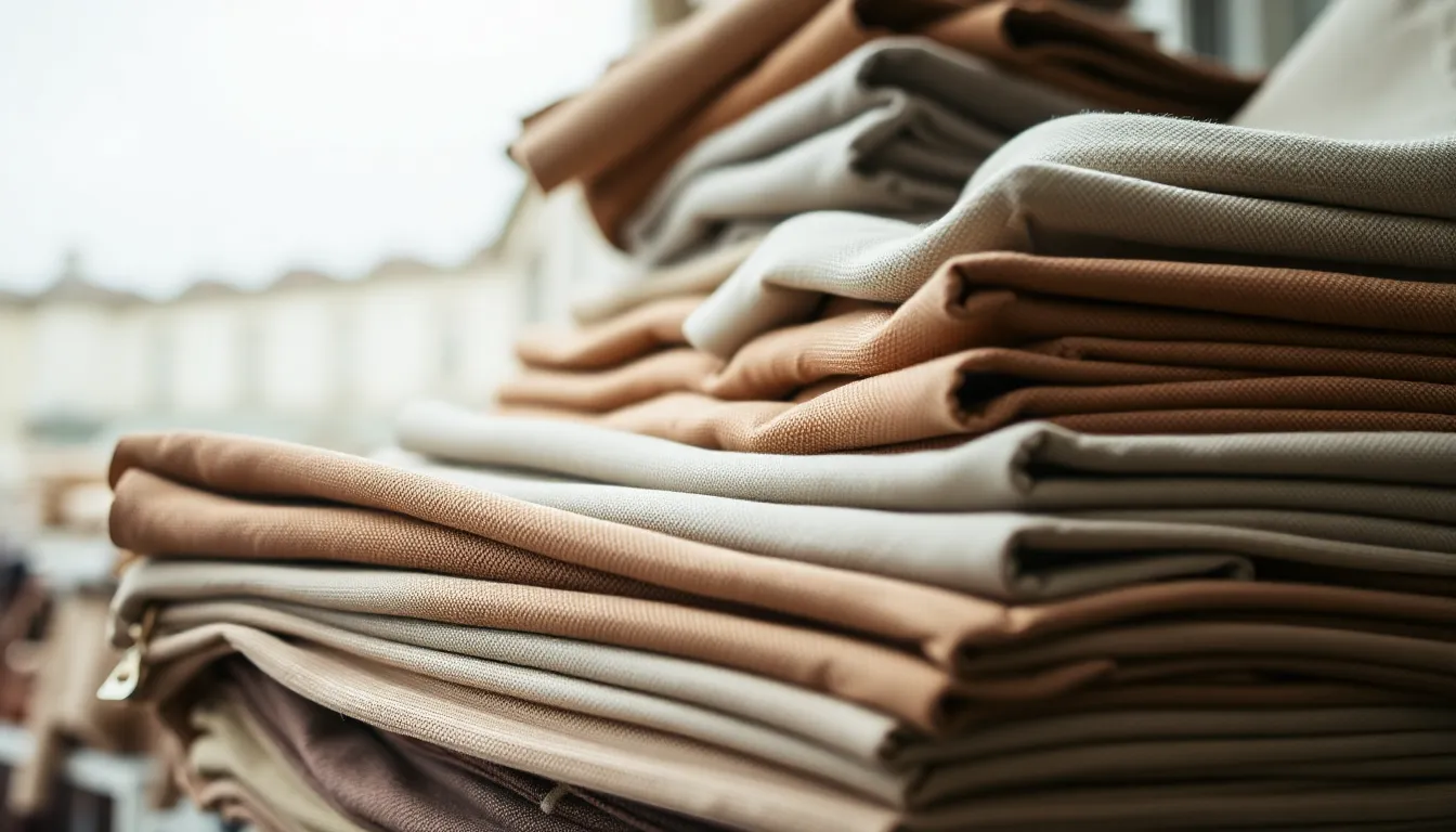 Layered Textile Display with Various Fabric Swatches This image features a meticulously arranged display of fabric swatches, showcasing diverse textures and patterns. The overcast daylight provides soft and even lighting, enhancing the natural muted tones of the textiles. The use of hyperfocal distance ensures that every detail is sharp, making this image ideal for textile marketing and interior design inspiration.