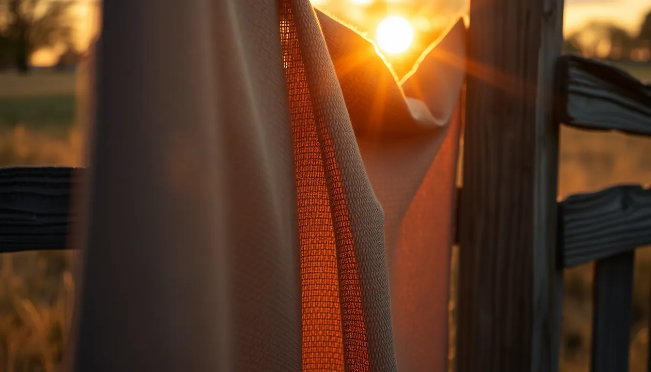 Fabric Draping Over Weathered Fence An intimate close-up shot captures a beautiful fabric casually draping over a weathered wooden fence during golden hour. The warm rim light creates an inviting glow, highlighting the fabric's contours and intricate weave. The shallow depth of field blurs the background into a soft, creamy bokeh while emphasizing the rich texture of the fibers. The natural muted tones, combined with the rustic fence background, create a harmonious blend of nature and textile.