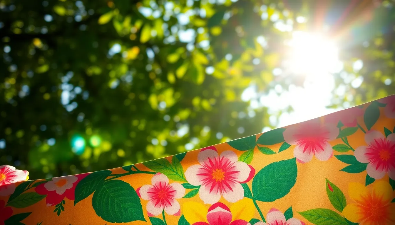 Floral Fabric Under Dappled Sunlight This image captures a vibrant floral fabric laid out in a natural setting, illuminated by dappled sunlight. The interplay of light creates beautiful bokeh effects that enhance the lively colors of the fabric. The composition draws attention to the intricate floral patterns while incorporating the surrounding greenery, resulting in a harmonious blend of textile art and nature. Ideal for fashion and textile promotion.