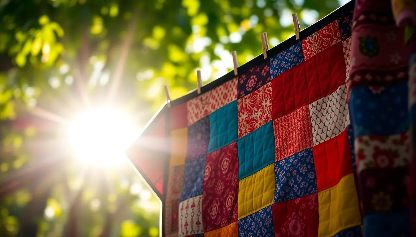 Colorful Patchwork Quilt on Clothesline