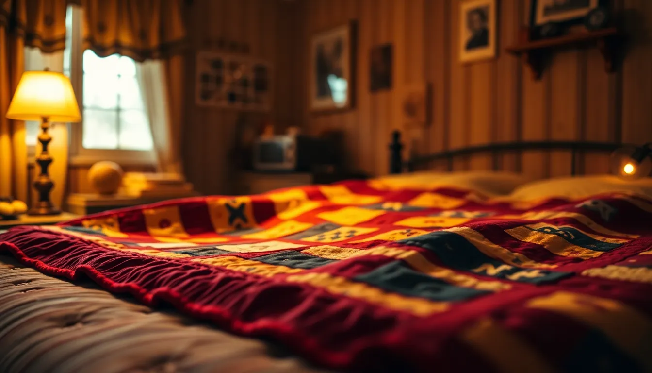 Colorful Patchwork Quilt on Cozy Bed This inviting image showcases a colorful patchwork quilt elegantly spread across a bed, illuminated by warm tungsten light from a vintage lamp. The quilt's vibrant reds, yellows, and blues contrast beautifully with the serene background. Shallow depth of field emphasizes the quilt's intricate patterns and textures, creating a feeling of warmth and comfort. The diagonal composition adds movement to the scene, drawing the viewer's eye through the quilt's vivid colors and details.
