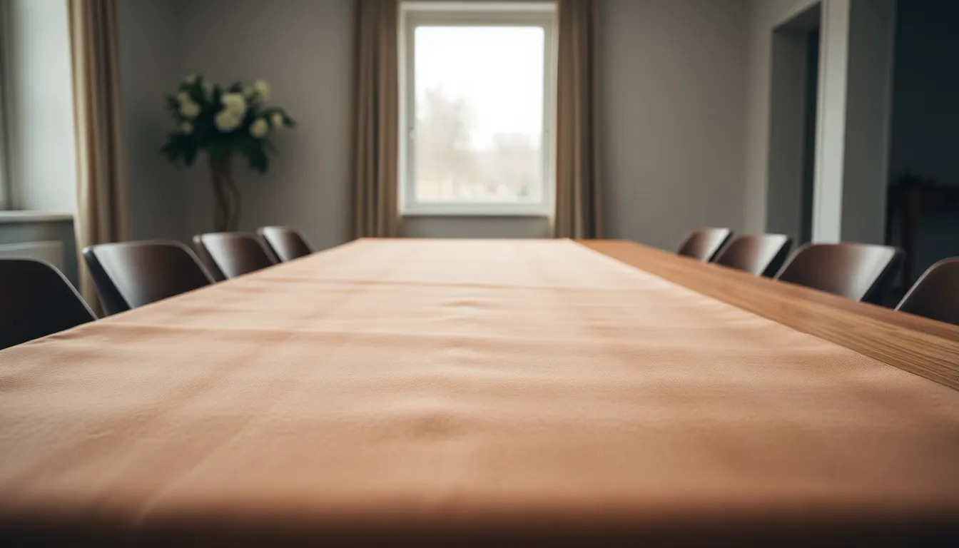 Plush Velvet Fabric on Minimalist Table A striking image showcases a plush velvet fabric elegantly spread across a modern minimalist dining table. The softly diffused daylight creates an inviting atmosphere, with muted tones and desaturated earth colors enhancing the serene feeling of the scene. Leading lines from the table surface guide the viewer’s eye along the smooth texture of the fabric. The contrast between the luxurious velvet and the simple wood finish exemplifies contemporary interior design aesthetics.