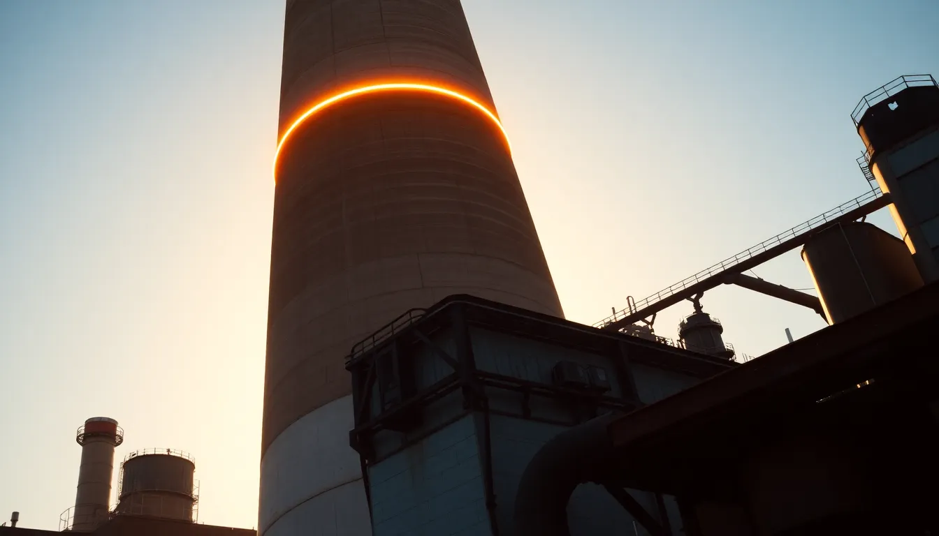 Factory Smokestack at Sunset This dramatic image depicts a factory smokestack silhouetted against a breathtaking sunset. The rim lighting creates an ethereal glow, enhancing the scene's industrial atmosphere. Silhouetted structures frame the composition, showcasing the scale and grandeur of the factory environment. With rich warm and cool tones contrasting against one another, this photograph effectively conveys the essence of industrial landscapes at dusk.