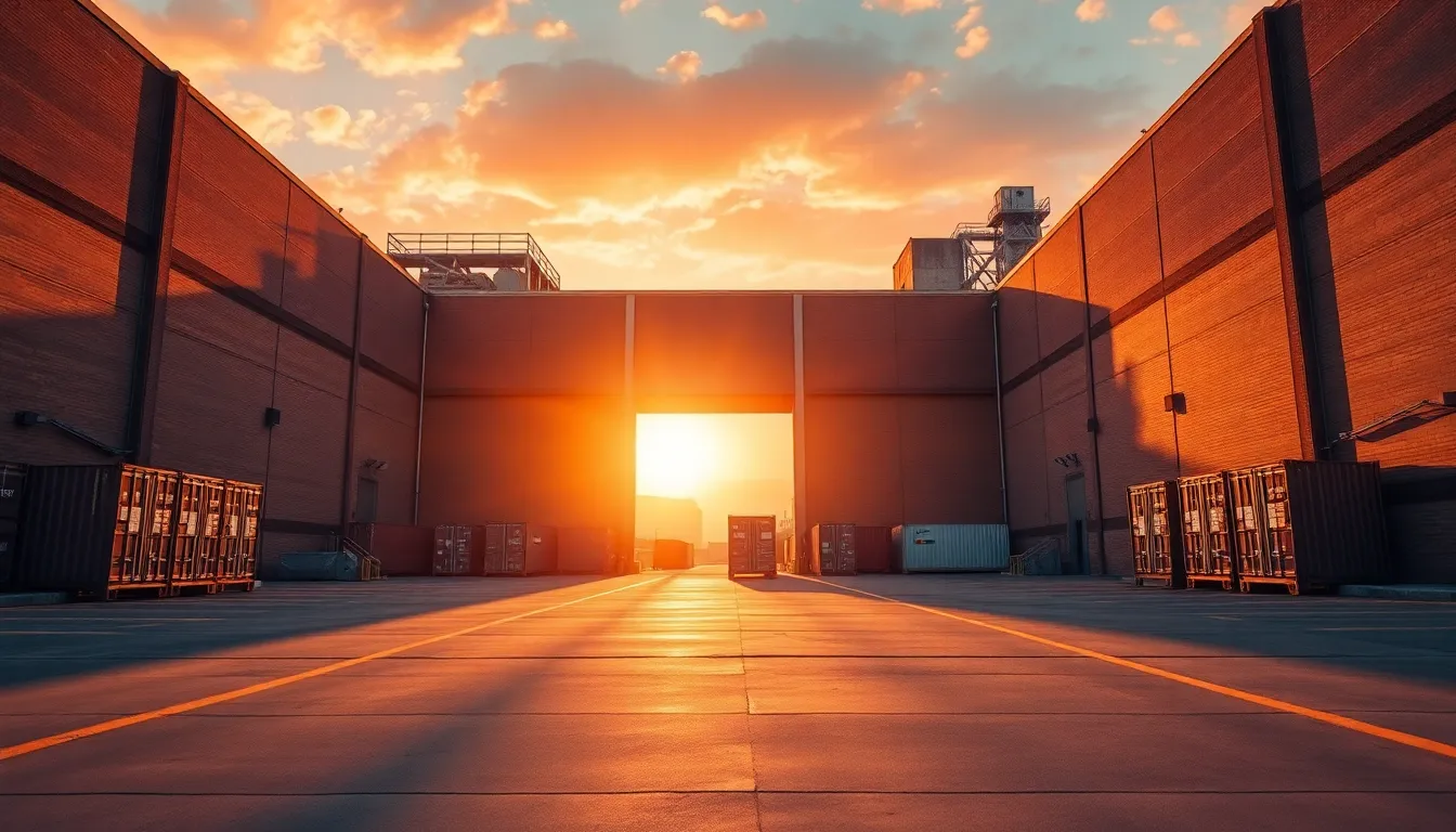 An expansive view of a factory's exterior bathed in the warm light of golden hour, capturing the intricate details of the brick façade and the bustling loading dock. The scene is enhanced by leading lines that draw the viewer's eye into the heart of the operation, where cargo containers await transport. Rich oranges and deep shadows create a dramatic atmosphere, reflecting the industrious nature of the facility. The hyperfocal depth ensures all elements from the foreground to background are crisply rendered, celebrating the beauty of industrial architecture.