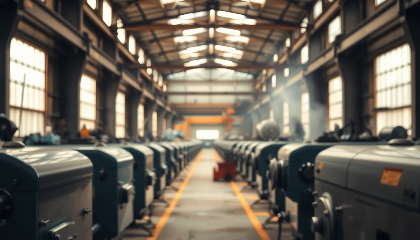 This image showcases a bustling factory interior filled with industrial machines, captured under soft, diffused daylight. The muted colors evoke a sense of industriousness, while the shallow depth of field draws attention to the intricate metal details of the machinery. The composition guides the viewer's eye through the rows of machines, highlighting the bustling activity and atmosphere of productivity. Dust particles suspended in the air add to the lively industrial ambiance.