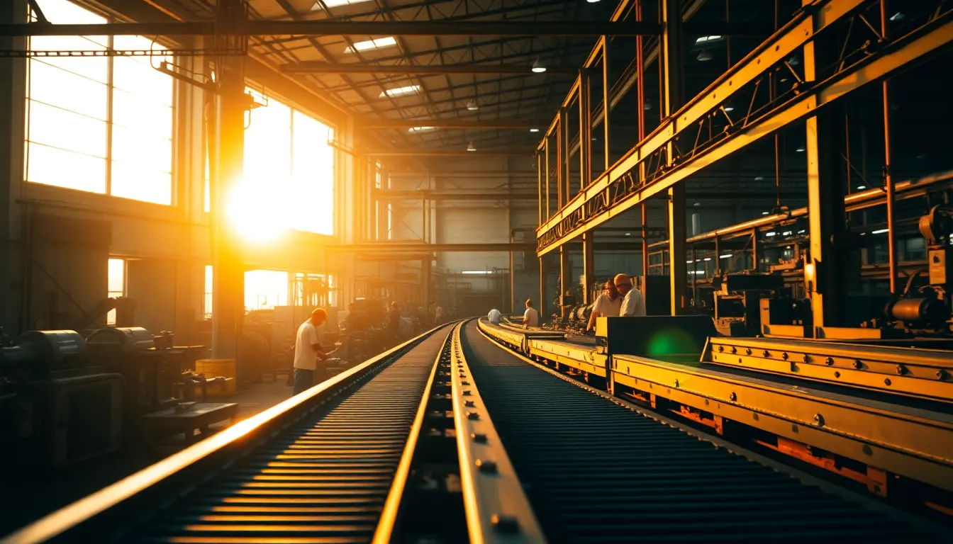 Warm Light in a Busy Factory Interior This image showcases a dynamic factory interior bathed in warm golden hour light. Workers are seen actively engaged in their tasks, with machinery and conveyor belts creating a rhythmic flow across the frame. The warm color tones evoke a sense of industriousness and community, while the shallow depth of field ensures the focus remains on the workers and equipment. The scene is enriched by the textures of metal surfaces and the play of light through large windows.