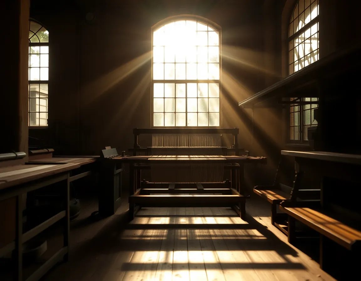 A nostalgic interior view of an old textile factory, where sun rays filter through dusty windows, illuminating the vintage loom at the center of the scene. The warm, natural light enhances the earthy tones of the wooden floor and machinery, creating a sense of warmth and history. A shallow depth of field beautifully blurs the surrounding environment, emphasizing the craftsmanship of the loom. The composition thoughtfully places the loom off-center, inviting the viewer to wander through the space in their imagination.