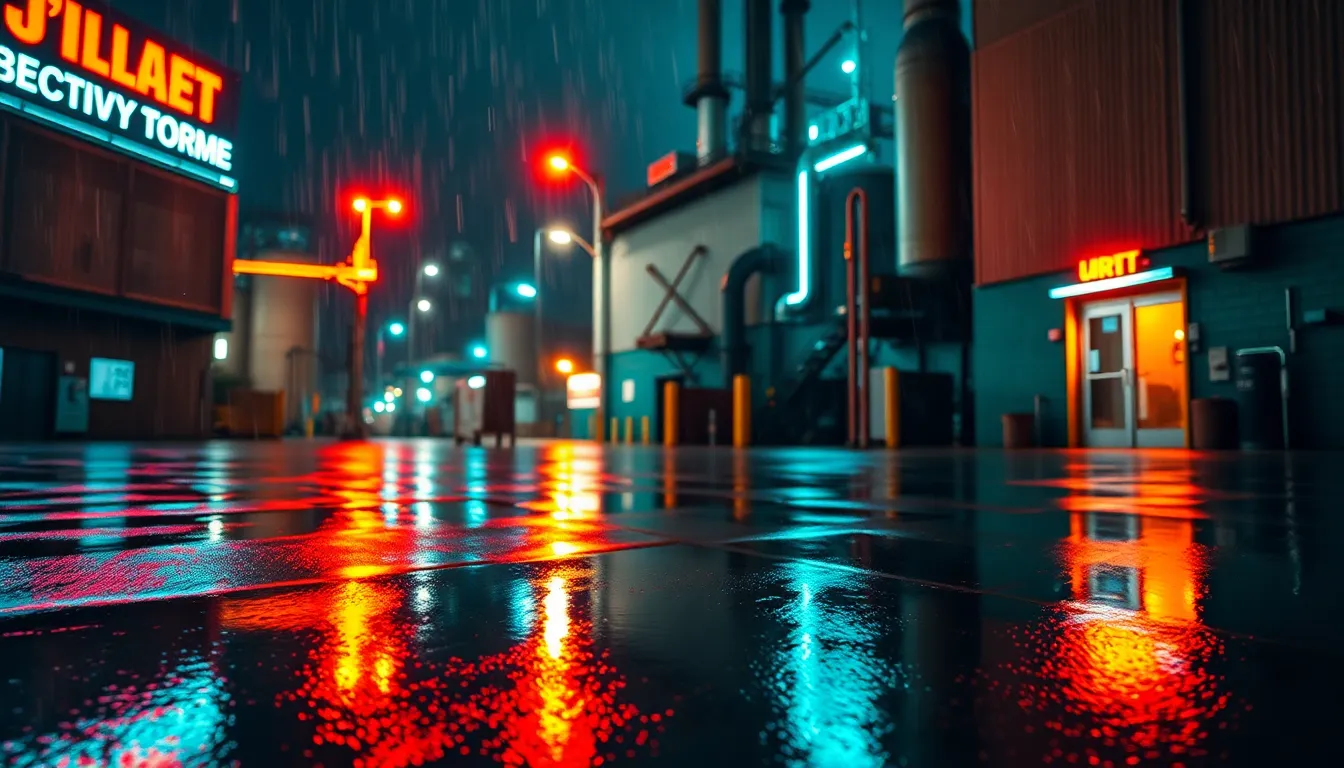 Neon Reflections of an Industrial Factory at Night