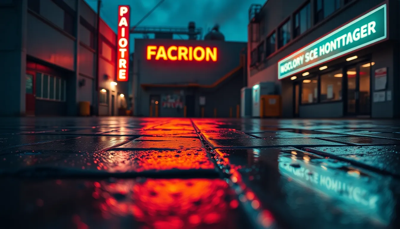 Urban Factory at Night with Neon Lights