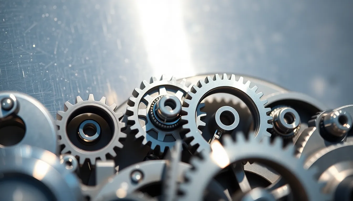 This close-up photograph presents a stunning view of intricate gears and mechanical components, beautifully arranged against a reflective stainless steel background. The soft natural light highlights the fine details and textures of the machinery, giving it a polished and modern industrial aesthetic. The shallow depth of field creates a dreamy bokeh effect that isolates the gears, encouraging viewers to appreciate the craftsmanship behind the engineering. The overall composition emphasizes the beauty of machinery, transforming the ordinary into an extraordinary visual narrative.