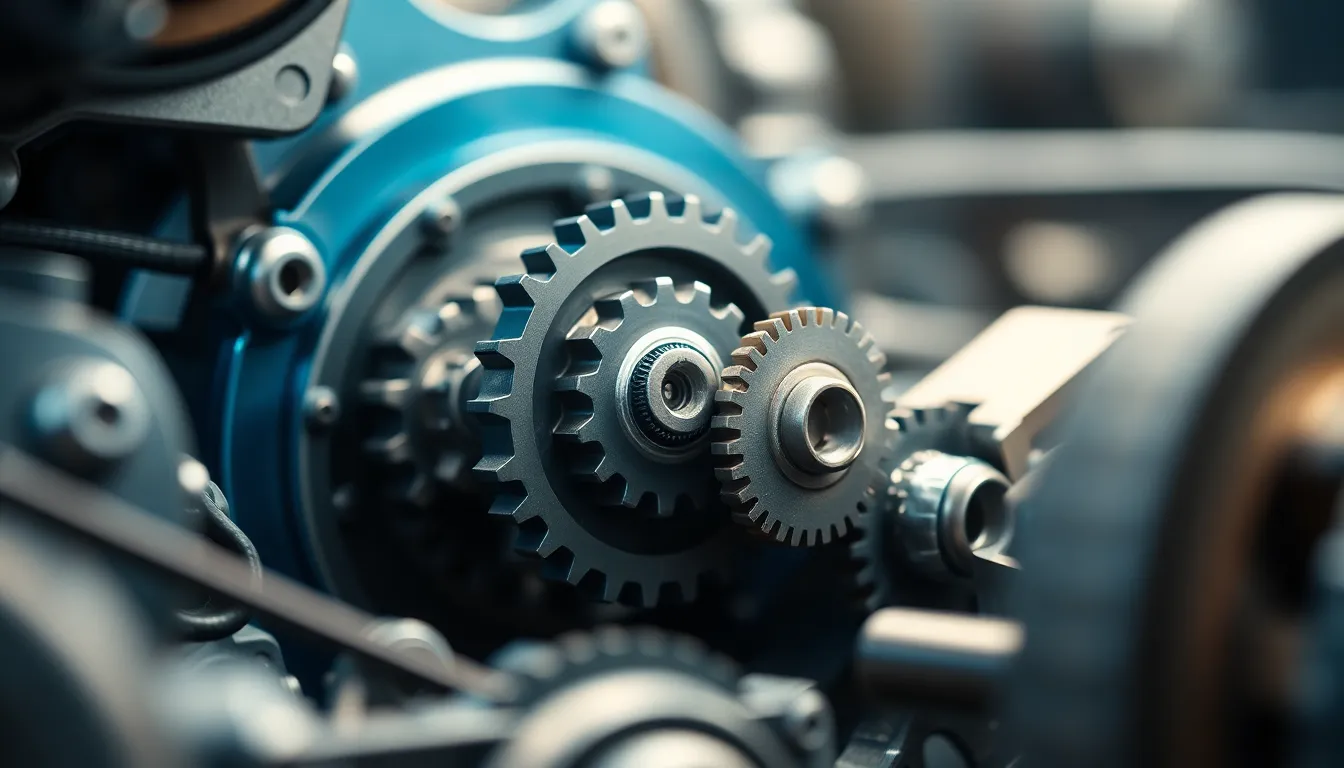 A stunning macro shot reveals the intricate details of a machinery component, showcasing complex gears and wires in stunning clarity. The high-resolution image captures the beauty of industrial design, with metallic blues and silvers glimmering in soft natural light. A shallow depth of field beautifully isolates the subject, enhancing the texture and precision of the machinery. The centered symmetrical composition draws the viewer's eye to the complexity and craftsmanship that defines modern engineering.