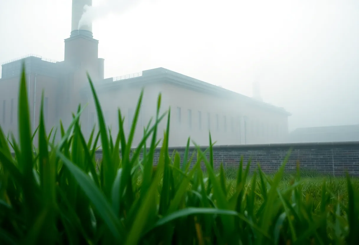 This serene image captures a factory chimney rising through the morning mist, steam billowing softly into the crisp air. The natural muted tones create a tranquil mood, while the use of hyperfocal distance ensures clarity from the foreground grass to the factory details in the background. Positioned in the left power point, the chimney draws the eye upward, illustrating the juxtaposition of nature and industry. The moisture on grass blades and brick texturing add depth and tactile quality.