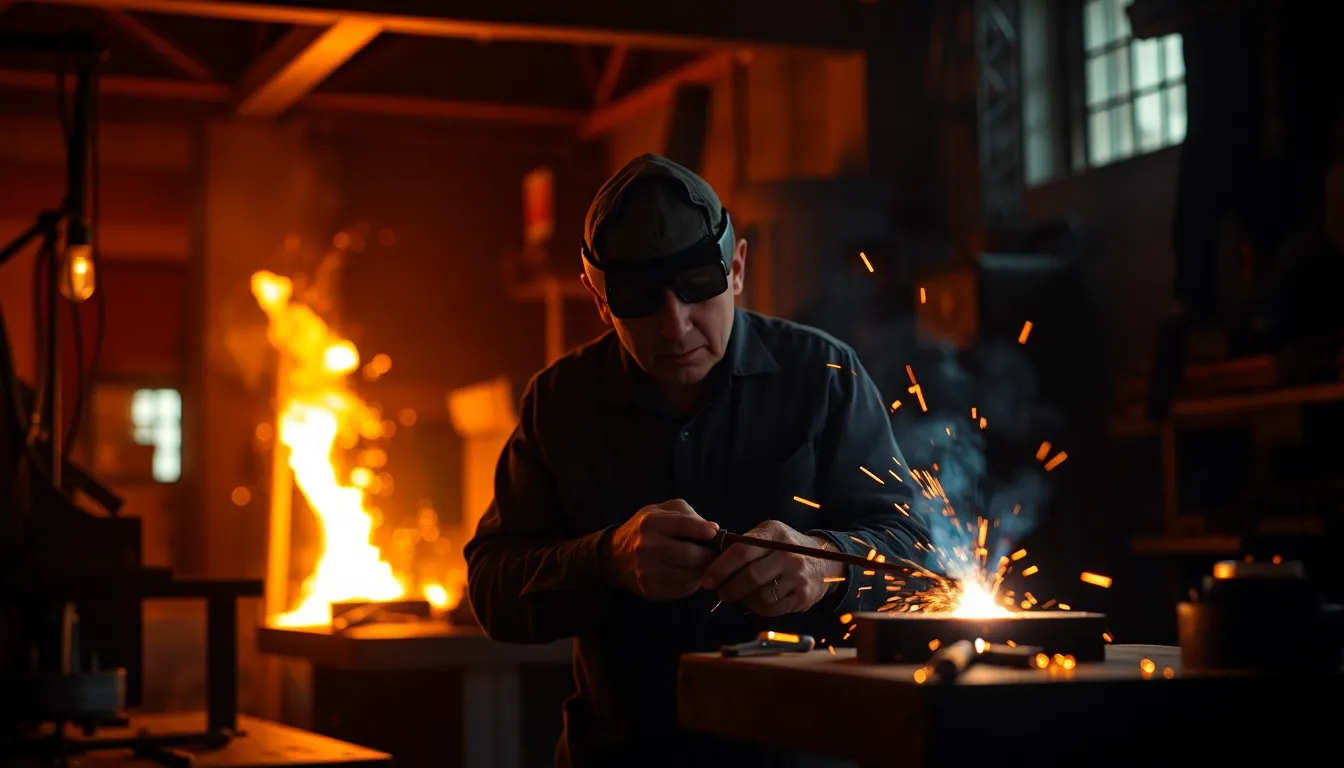 This striking image features an artisan skillfully welding metal in a dark workshop, illuminated by the warm glow of the welding torch. Flickering shadows dance across the walls, adding a dynamic quality to the scene. The warmth of the lighting contrasts beautifully with the dark surroundings, creating a captivating focal point. The close detail highlights the artisan's skilled hands and the intricate process of metalwork, inviting viewers to appreciate the artistry of craftsmanship.
