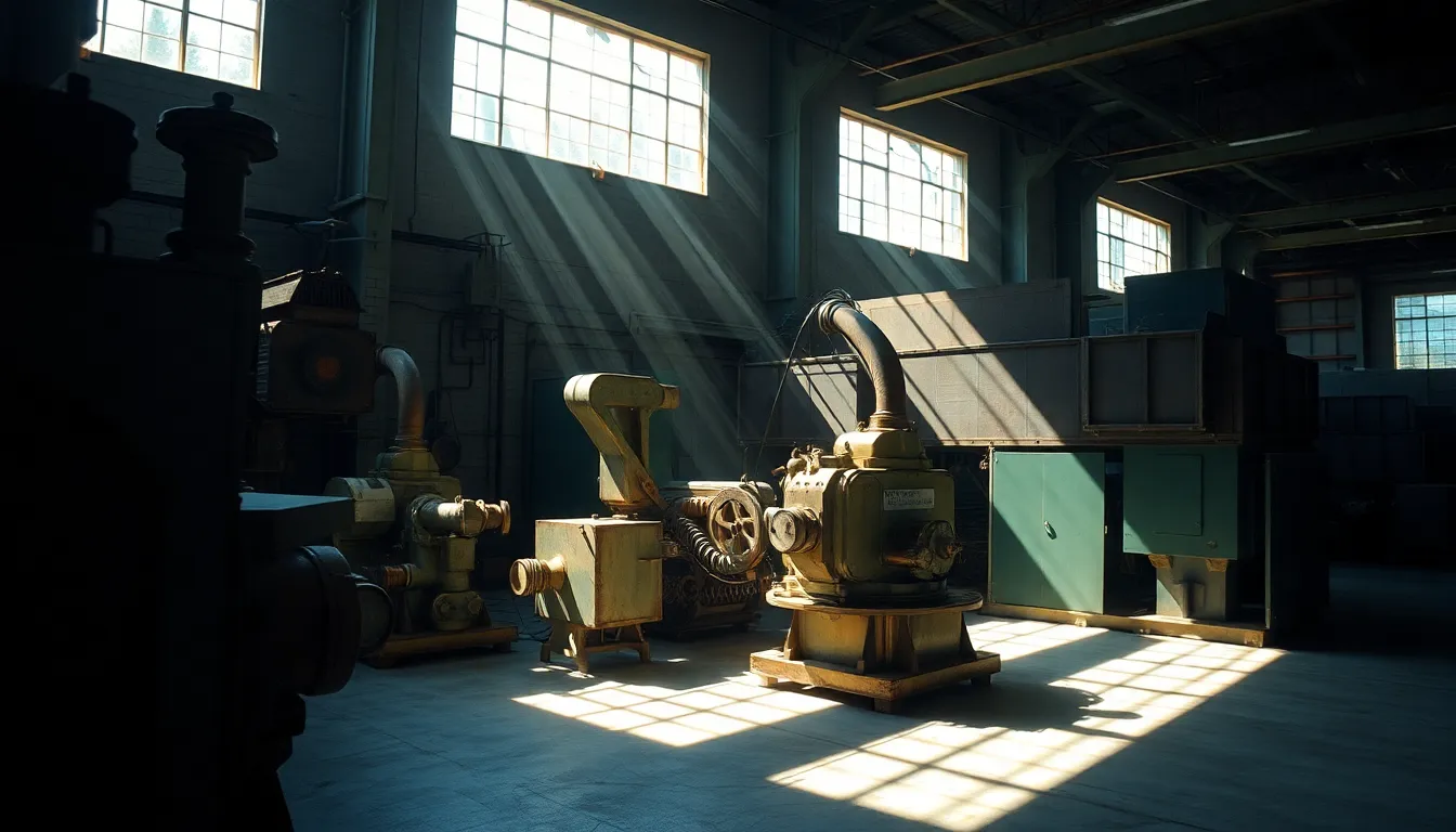 In this captivating image, dappled sunlight pours through factory windows, casting striking geometric shadows across the floor. The rich, saturated colors enhance the industrial vibe, while the shallow depth of field keeps the machinery in sharp focus. The diagonal lines formed by the equipment create a dynamic composition, leading the viewer through the scene. The interplay of light and shadow highlights the textures of rusted metal and polished surfaces, invoking a sense of vibrant industry.