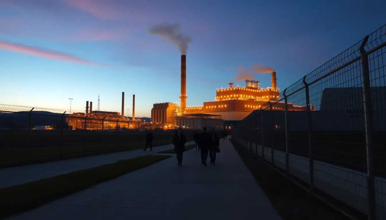 As dusk settles, a bustling coal power plant comes to life with warm illumination against the twilight sky. The scene is filled with the activity of people walking nearby, leading lines direct the viewer's gaze toward the powerful structure. With rich textures of concrete and metal, this image captures the industrial essence of energy production. The contrasting color palette of warm oranges and cool blues enhances the dramatic mood, making it a striking representation of modern industry.