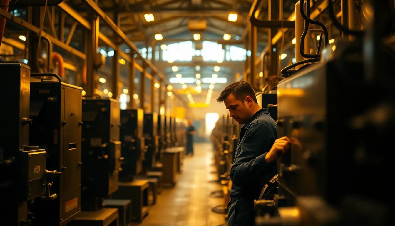 This engaging image captures the hustle and bustle of a factory interior, where workers are seen operating large machinery bathed in the warm glow of tungsten lights. The golden hues enhance the euphoria of teamwork and productivity, while the selective focus brings the viewer's attention to a worker fine-tuning equipment. The warm color palette reminiscent of Kodak Portra 400 gives a sense of intimacy and connection to the industrial setting. The composition invites viewers to experience the vibrancy and energy of a working factory.