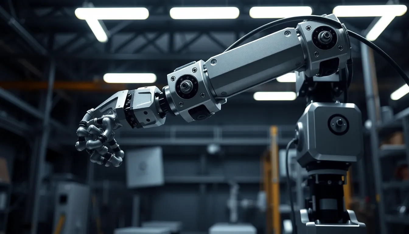 A close-up view of a robotic arm captures the intricate mechanics of automation in a modern manufacturing facility. The stark contrast of bright studio lights against the dark background enhances the sleek metallic surfaces of the arm, emphasizing its advanced technology. This dynamic composition presents a sense of motion and precision, showcasing the future of industrial production. The image's color palette of silvers and blacks further accentuates its high-tech atmosphere.
