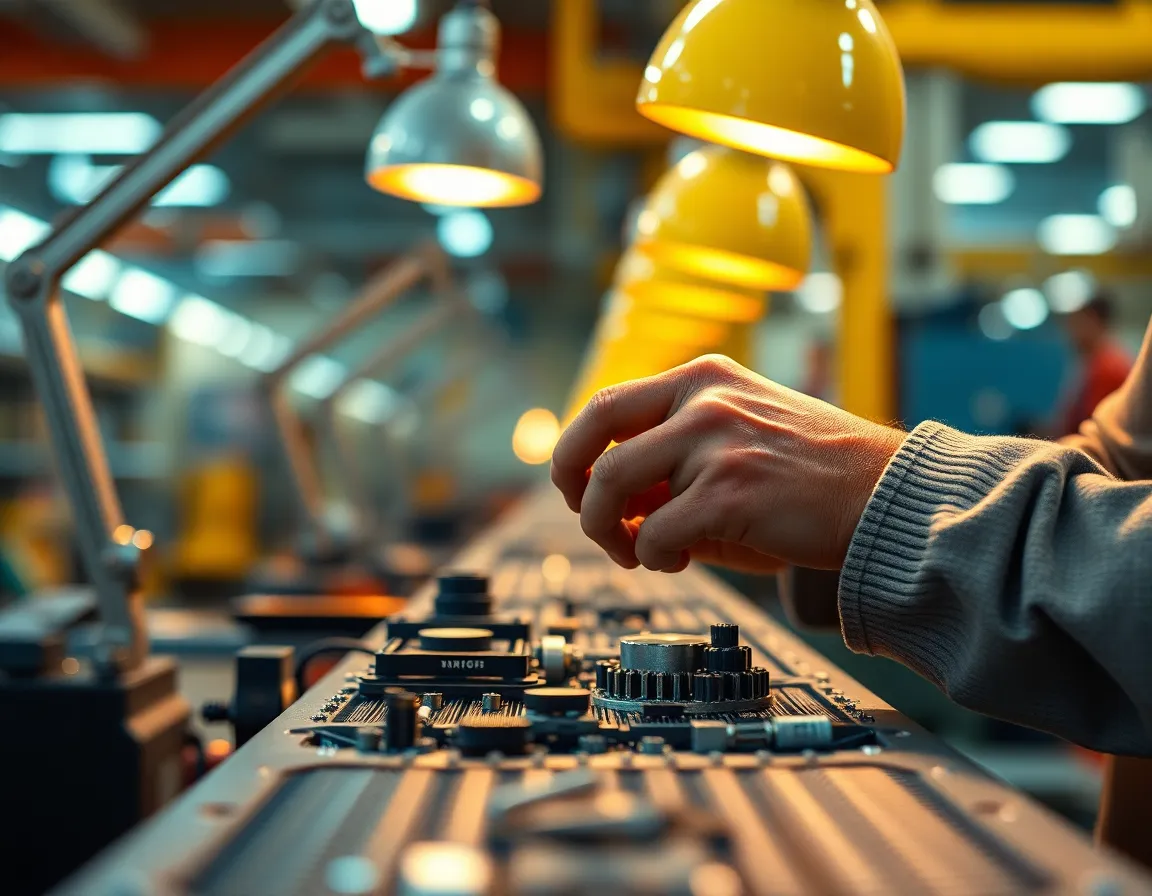This intimate photograph captures a factory worker's hands as they carefully assemble components along an assembly line. The warm tungsten light creates a cozy yet industrious atmosphere, while a selective focus highlights the intricate details of the hands at work. The background fades into a painterly blur, emphasizing the craftsmanship and focus of the worker. The neutral colors and natural skin textures contribute to the authenticity of this industrial setting.
