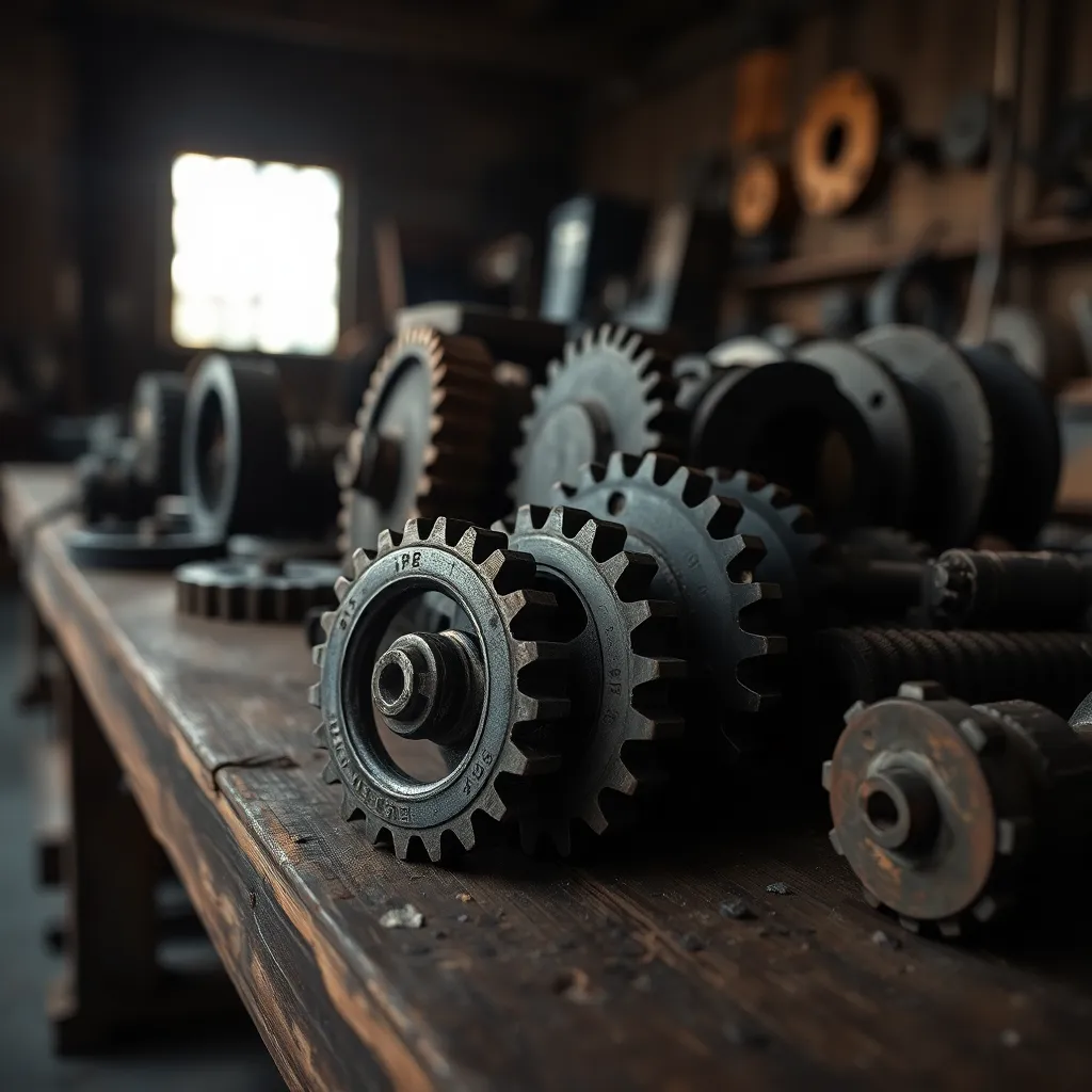 This close-up image presents an arrangement of factory gears on a wooden workbench, showcasing their intricate designs and aged textures. Soft, diffused lighting from a nearby window enhances the metallic surfaces, creating a sense of depth. The natural color palette, rich with earthy tones, complements the story of craftsmanship and industrial design. The selective focus draws the viewer's attention to the technical details of the gears, evoking the spirit of manufacturing.