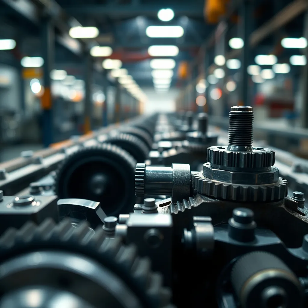 An up-close look at intricately designed metal components within a factory, showcasing the precision and detail of industrial manufacturing. The photograph captures the texture of gears and bolts under strategic studio lighting, highlighting their craftsmanship. The cool metallic tones are complemented by soft ambient warmth, creating a contrast that draws attention to the subject. Selective focus on these components invites viewers to appreciate the complex machinery in a busy industrial environment, while the background remains softly blurred to enhance the feeling of depth and context.
