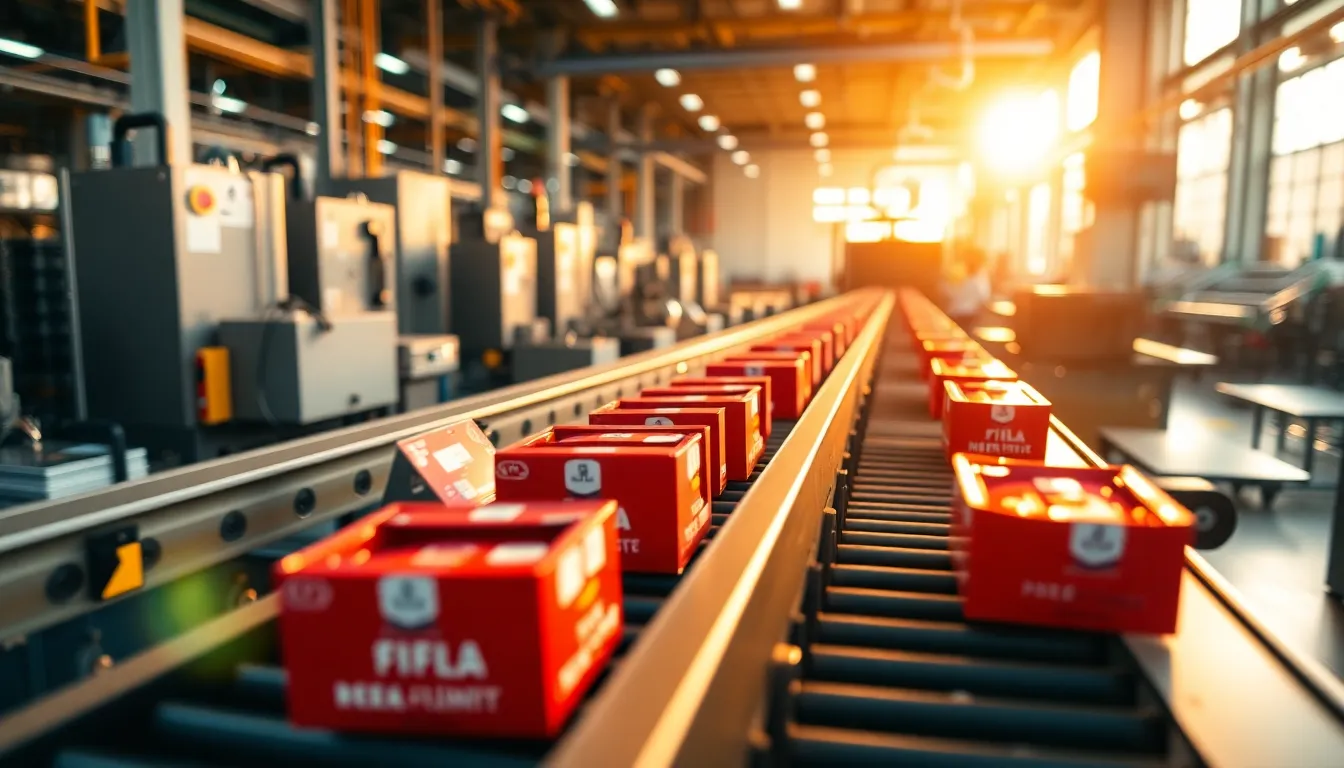 This lively image captures a section of an industrial production line, featuring colorful product packaging moving elegantly on conveyor belts. The scene is illuminated by warm natural light, adding an inviting glow that emphasizes the vibrant colors of the packaging against a muted backdrop of factory machinery. The selective focus sharpens on the packaging while blurring the background, creating a dynamic visual effect. Leading lines formed by the conveyor belts draw the viewer's eye through the energetic factory setting, showcasing the busyness of the production process.