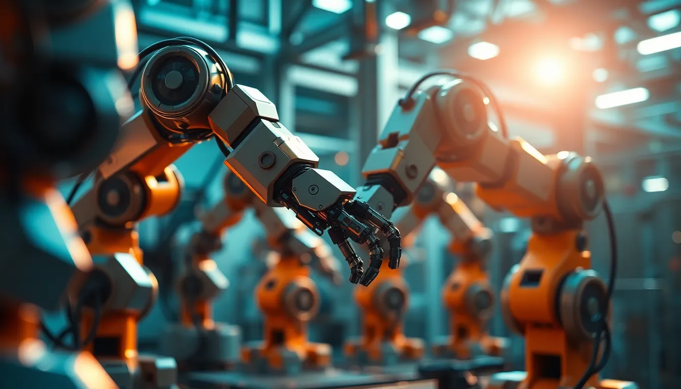 An engaging moment captured of robotic arms in action within a high-tech factory, emphasizing the precision and sophistication of modern automation. The dramatic lighting highlights the shiny surfaces of the robots, casting striking shadows that create a sense of energy. The hyperfocal depth of field allows every element, from the intricate machinery to the background, to be in sharp focus. The cinematic teal and orange color grading gives the scene a futuristic feel, celebrating the innovation and advancement of technology in industrial environments.