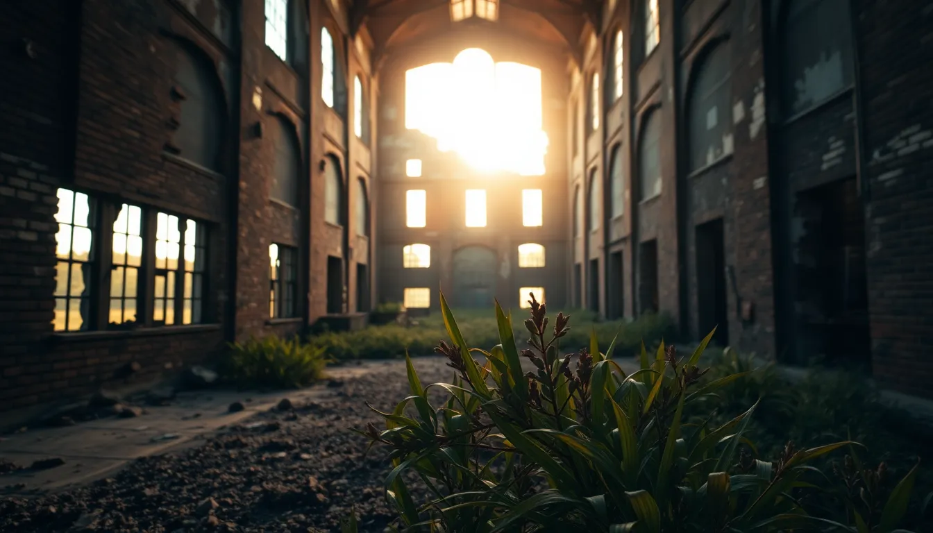 An expansive view of a derelict factory reveals crumbling brick walls and shattered windows, beautifully illuminated by the soft light of golden hour. Nature has begun to reclaim the structure, with lush green plants creeping through the cracks. The surrounding atmosphere is filled with a sense of nostalgia and abandonment, captured with a focus on the rich textures of the aged materials. The composition's leading lines draw the eye into the depths of the scene, creating a striking contrast between nature and industry.