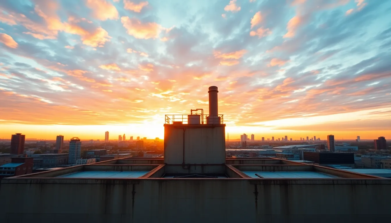 In this striking image, the rooftop of a factory is illuminated by the warm light of the setting sun. The rich oranges and deep purples of the sunset sky create a dramatic backdrop, contrasting with the rustic textures of the concrete structure. The hyperfocal distance captures the rooftop in perfect focus while softening the city skyline behind, enhancing the overall depth. The symmetrical composition highlights the factory as an integral part of the urban landscape.