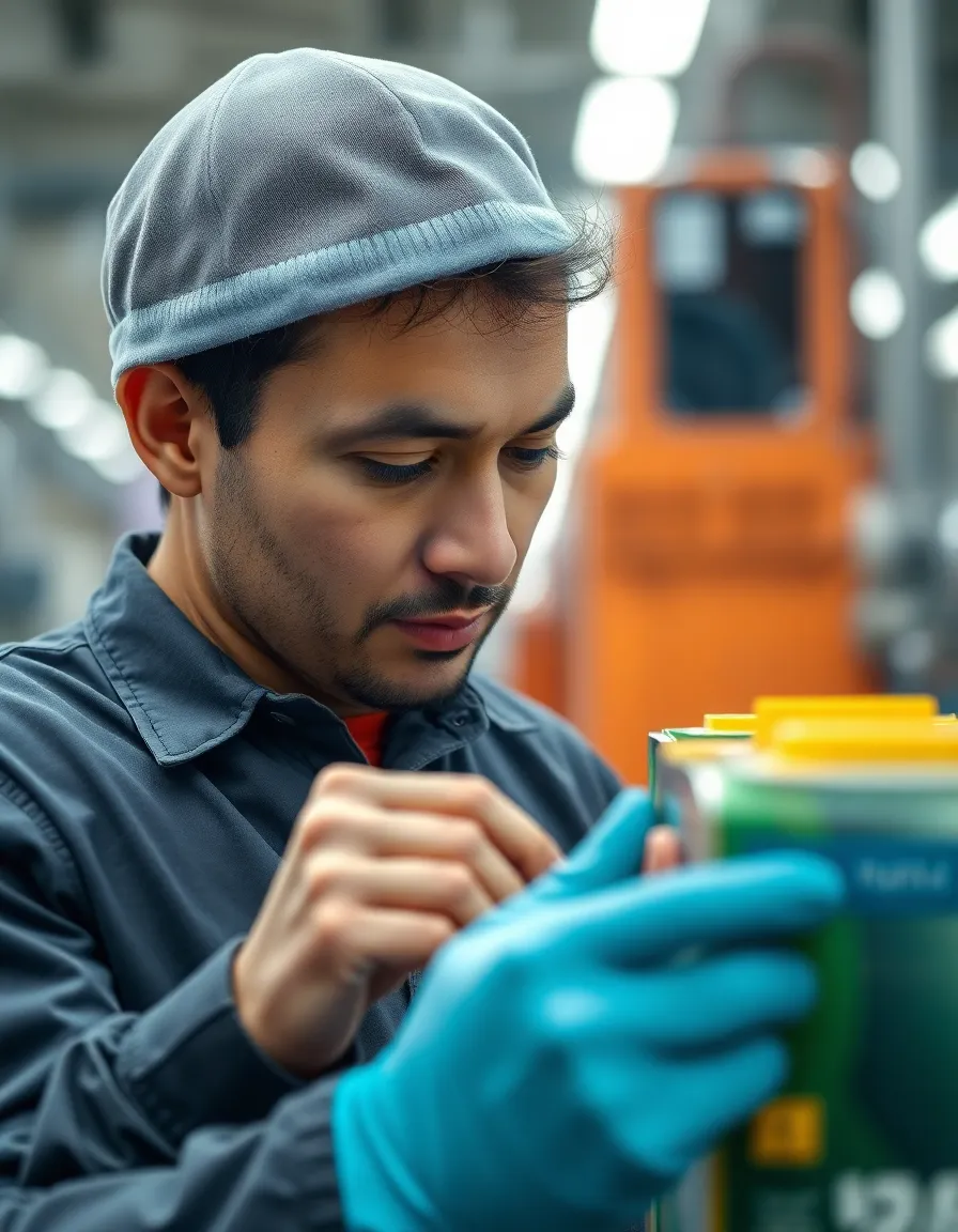 Factory Worker Inspecting Product This image features a factory worker intently inspecting a product during a bright overcast day. The soft, diffused lighting highlights the natural skin tones and the details of the product, creating an atmosphere of diligence and care. A shallow depth of field keeps the focus on the worker's hands and the item being examined, while the blurred background adds to the scene's context. The muted color palette, punctuated with the product's vibrant hues, enhances the industrial yet personal nature of the moment.