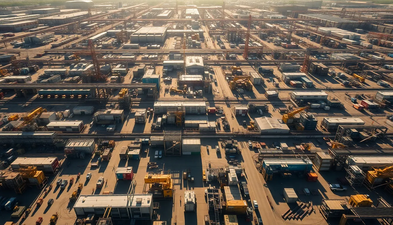 Aerial View of a Factory Complex This striking aerial photograph displays a vast factory complex under bright midday sunlight. The sharp details of the machinery and buildings are highlighted against a muted backdrop, showcasing the organized chaos of industrial operations. The hyperfocal depth of field enables viewers to appreciate the intricate layout of the factory, drawing attention to the various processes at play. The image conveys the scale and complexity of modern industrial environments.