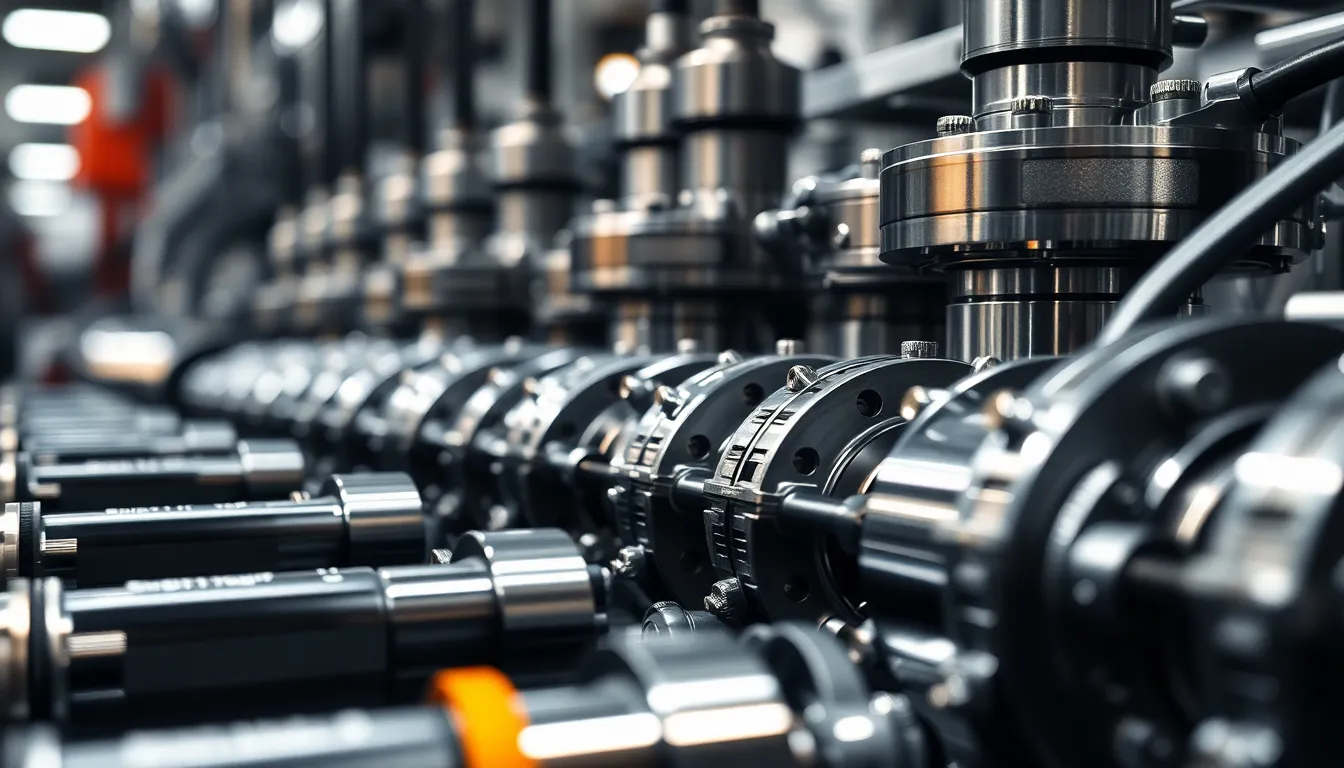 This captivating close-up image highlights the intricate details of mechanical parts as they move along an assembly line, captured with expert precision in a studio setting. Polished surfaces gleam under carefully controlled lighting, while the blurred background creates a dreamy quality, emphasizing the beauty of industrial design. The dominant metallic silvers and blacks reflect a modern aesthetic, while the abstract composition and focus on form showcase the technical craftsmanship that goes into manufacturing mechanical components.